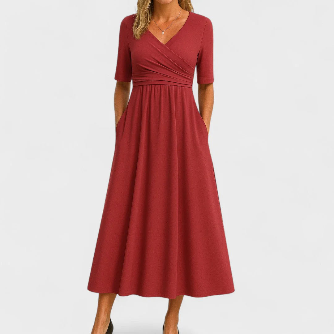 V-Neck Midi Dress with Pleated Waist Detail and Short Sleeves