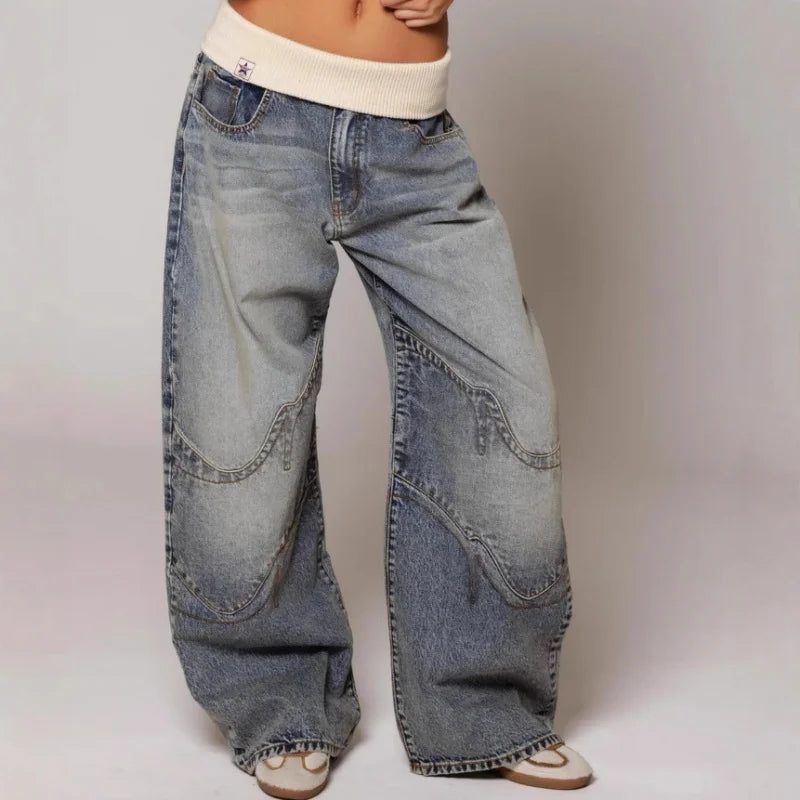 Womenâs Baggy Wide Leg Denim Trousers with Ribbed Waistband