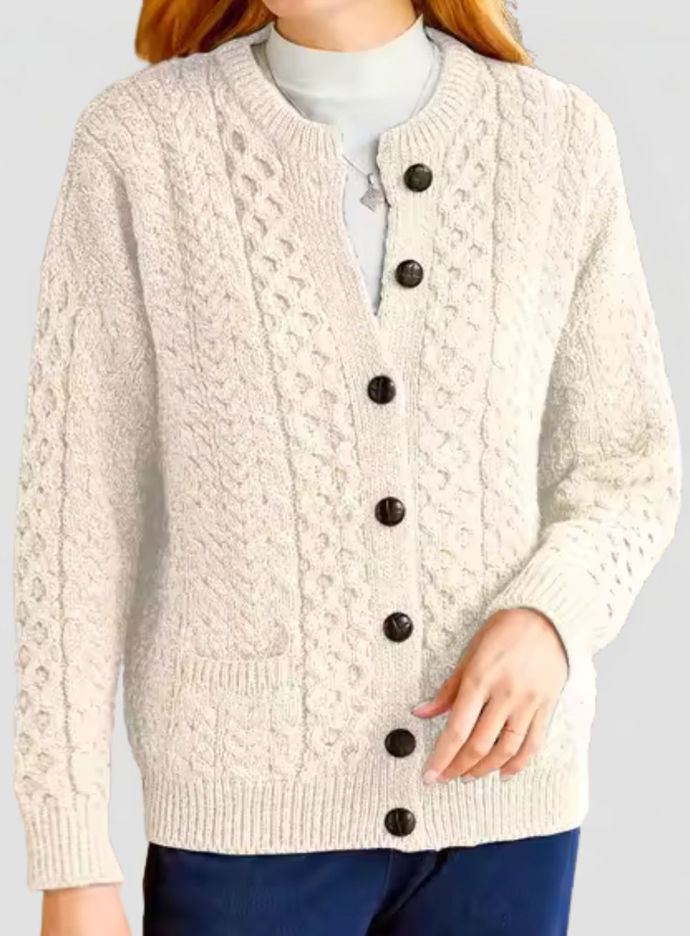 Women's Cable Knit Cardigan with Button Closure and Round Neckline