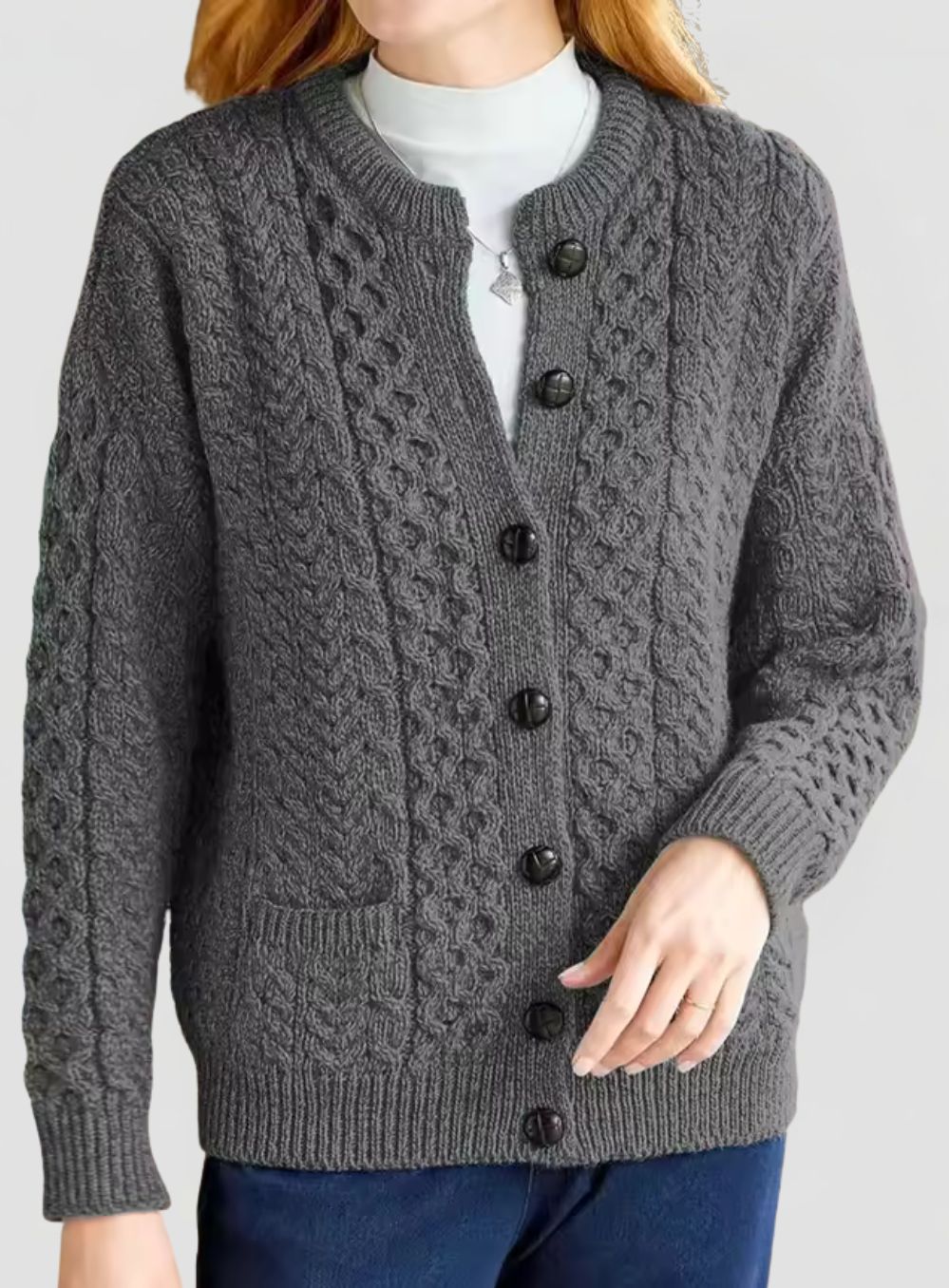 Women's Cable Knit Cardigan with Button Closure and Round Neckline