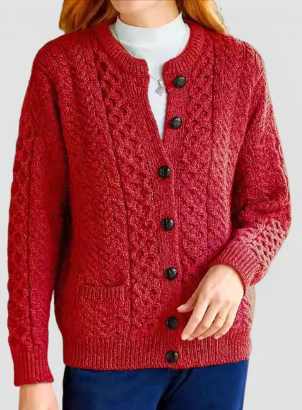 Women's Cable Knit Cardigan with Button Closure and Round Neckline