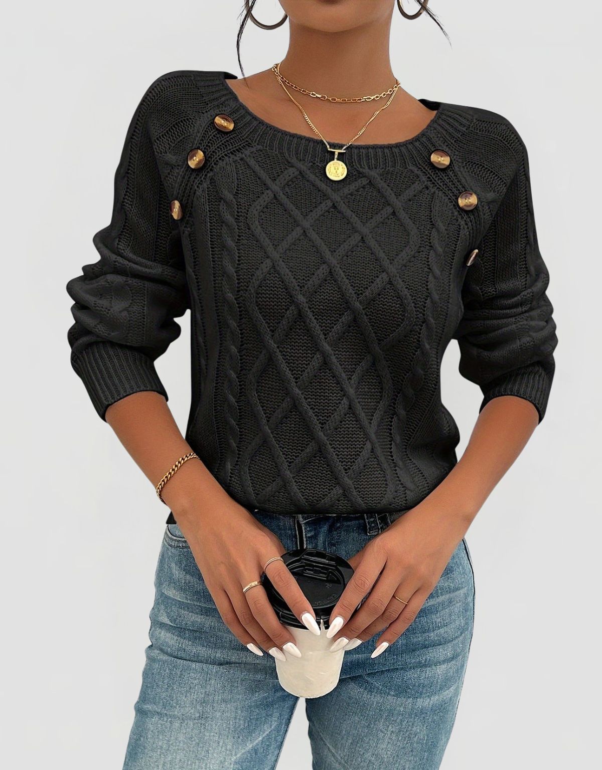 Women's Cable Knit Jumper with Shoulder Button Detail
