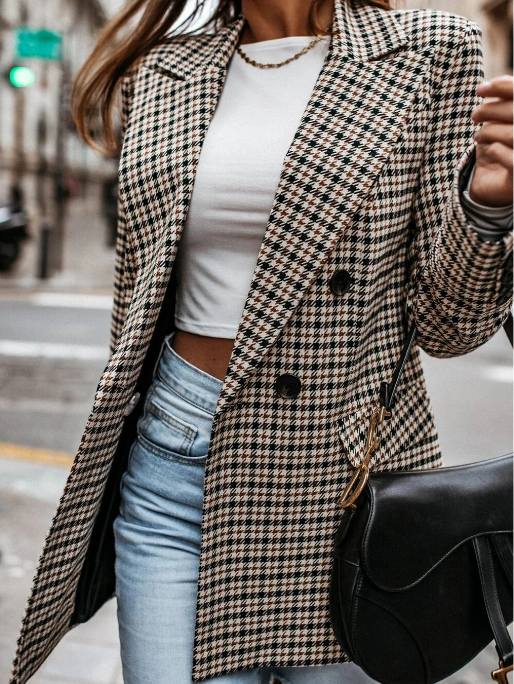 Womenâs Checked Blazer with Button Front and Structured Fit