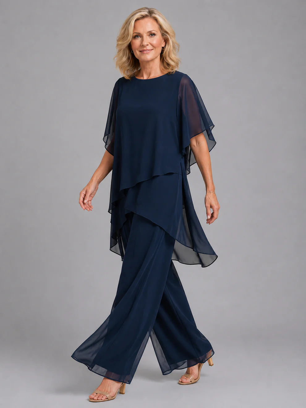 Women's Chiffon Set with Layered Top and Wide Leg Trousers