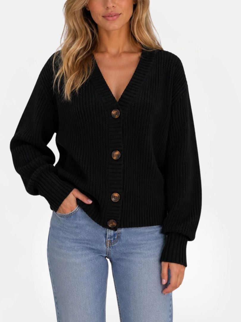 Women's Chunky Ribbed Knit Cardigan with V-Neck and Button Closure