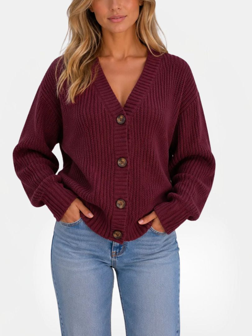 Women's Chunky Ribbed Knit Cardigan with V-Neck and Button Closure