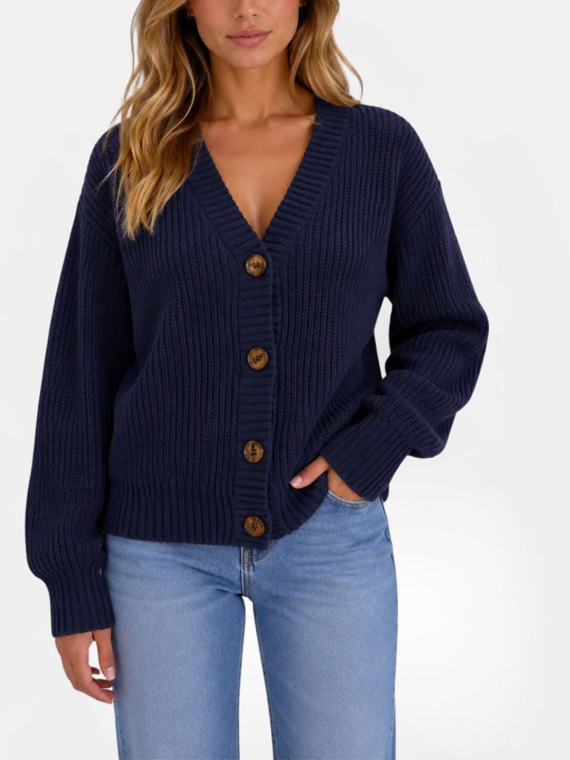 Women's Chunky Ribbed Knit Cardigan with V-Neck and Button Closure