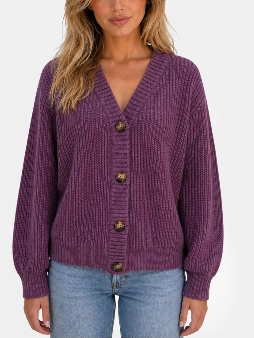 Women's Chunky Ribbed Knit Cardigan with V-Neck and Button Closure