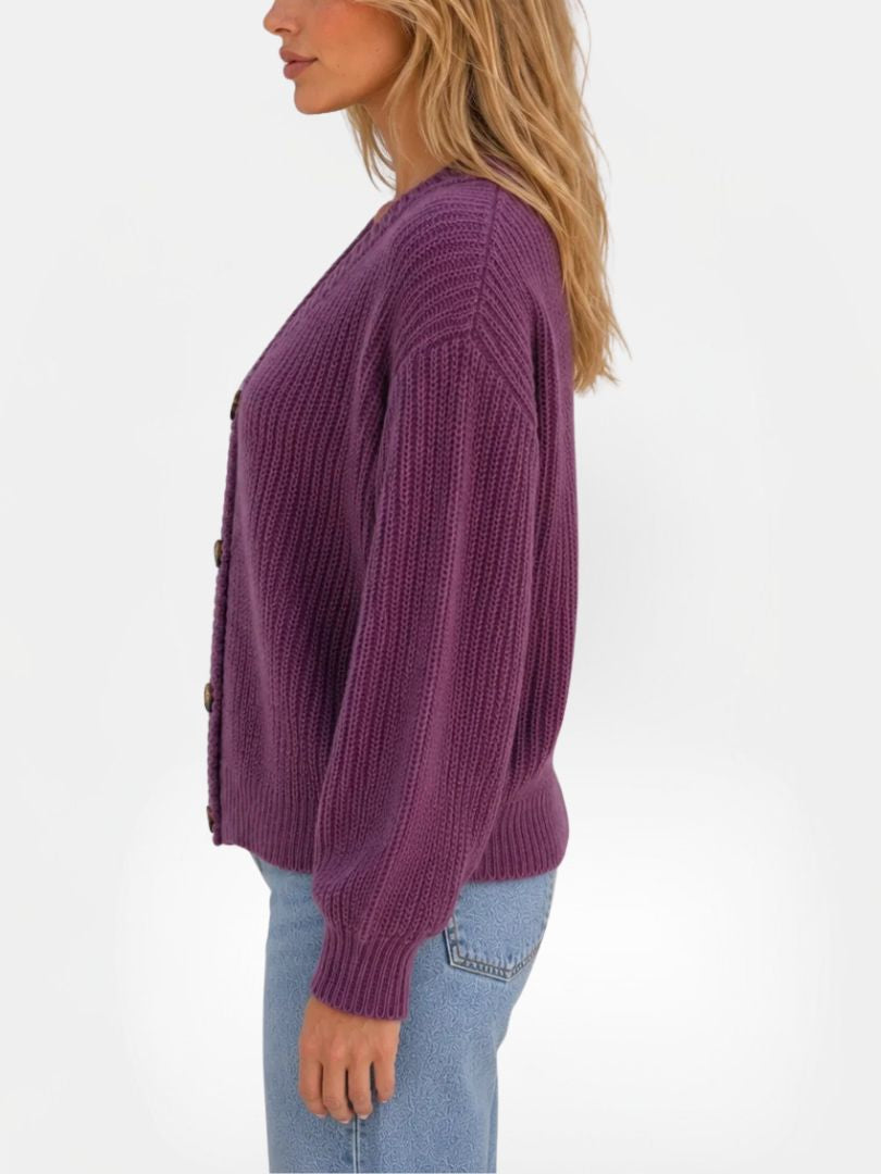 Women's Chunky Ribbed Knit Cardigan with V-Neck and Button Closure
