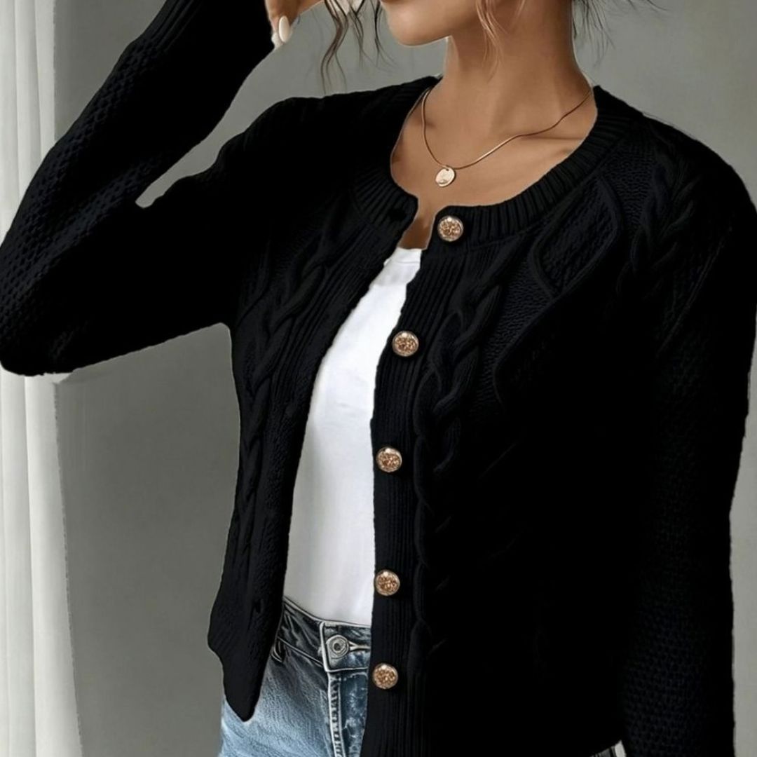 Women's Cropped Cardigan with Cable Knit and Button Closure