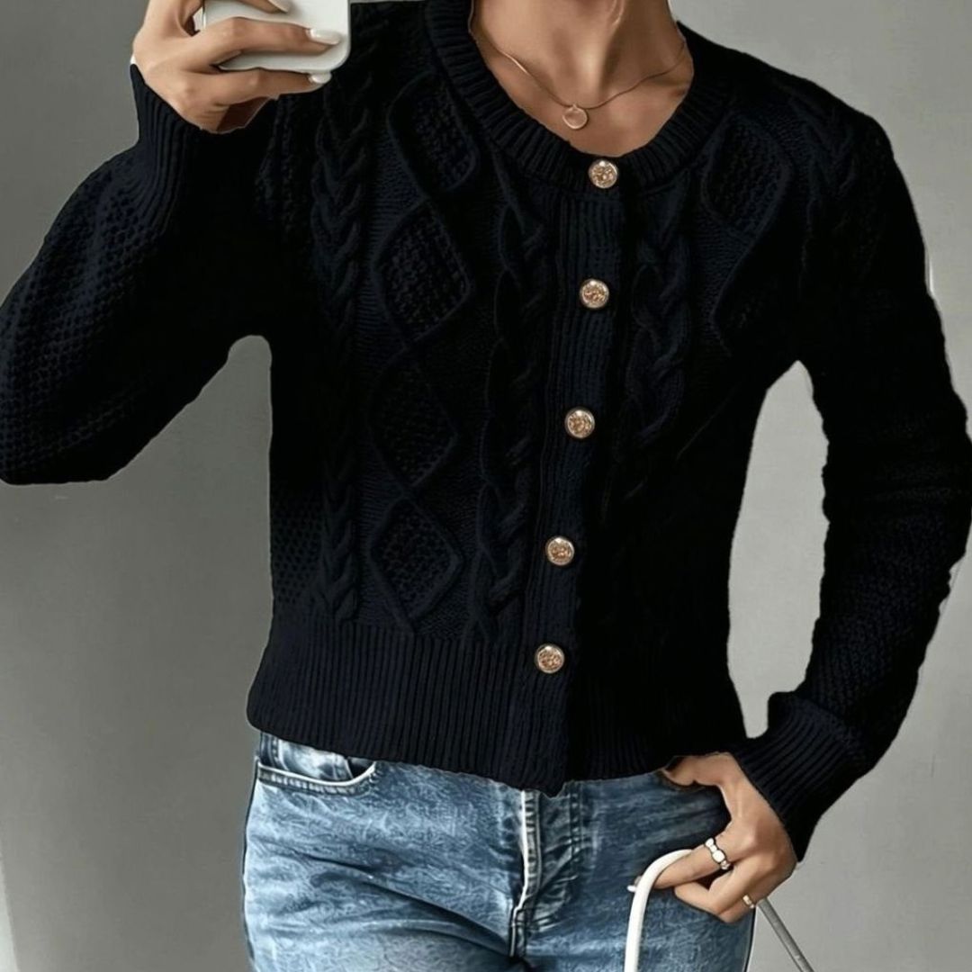 Women's Cropped Cardigan with Cable Knit and Button Closure