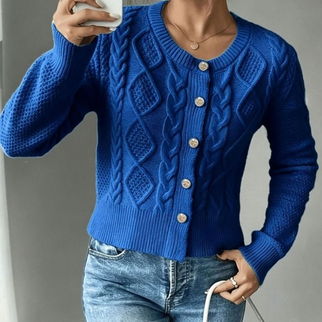 Women's Cropped Cardigan with Cable Knit and Button Closure
