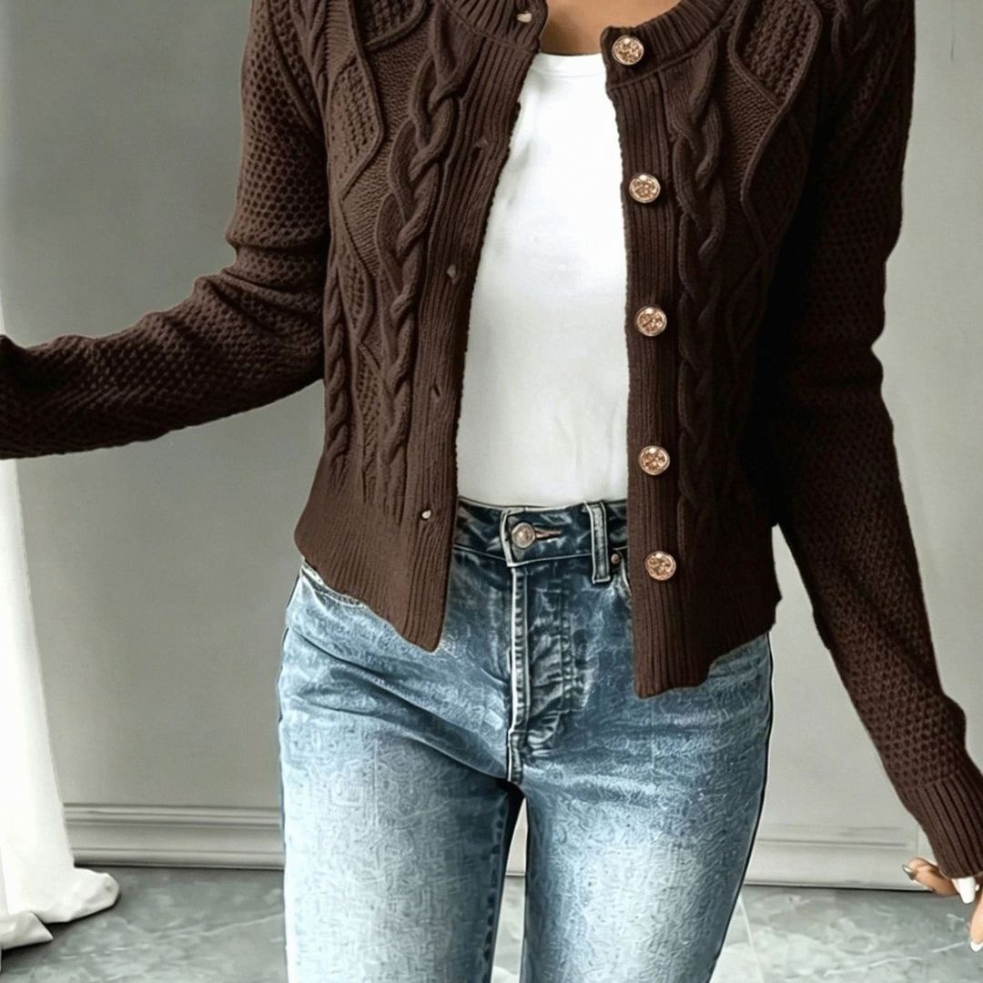 Women's Cropped Cardigan with Cable Knit and Button Closure