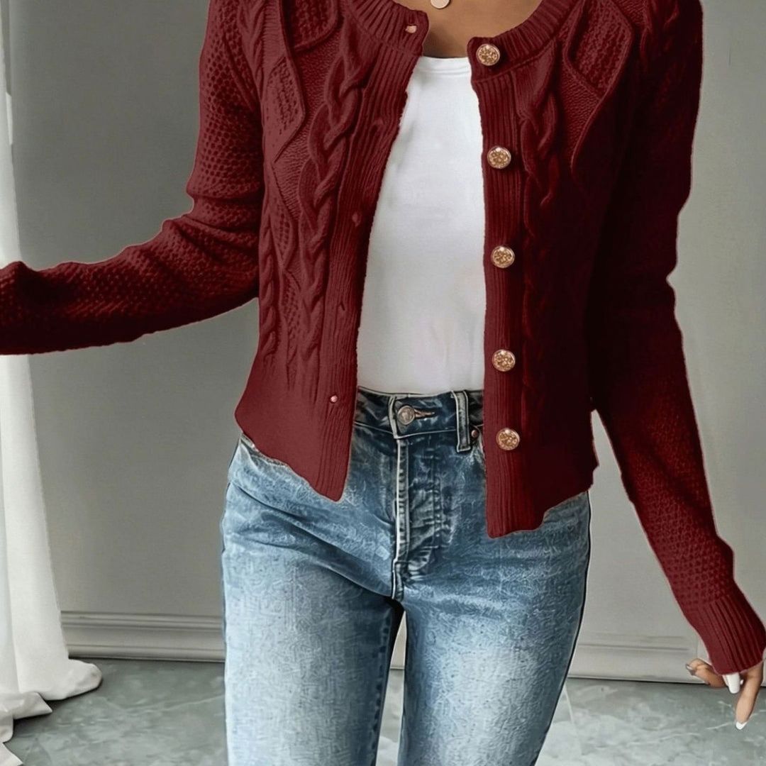 Women's Cropped Cardigan with Cable Knit and Button Closure