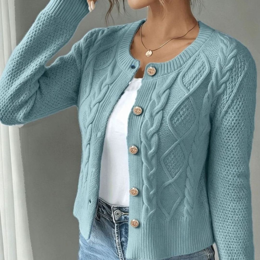 Women's Cropped Cardigan with Cable Knit and Button Closure