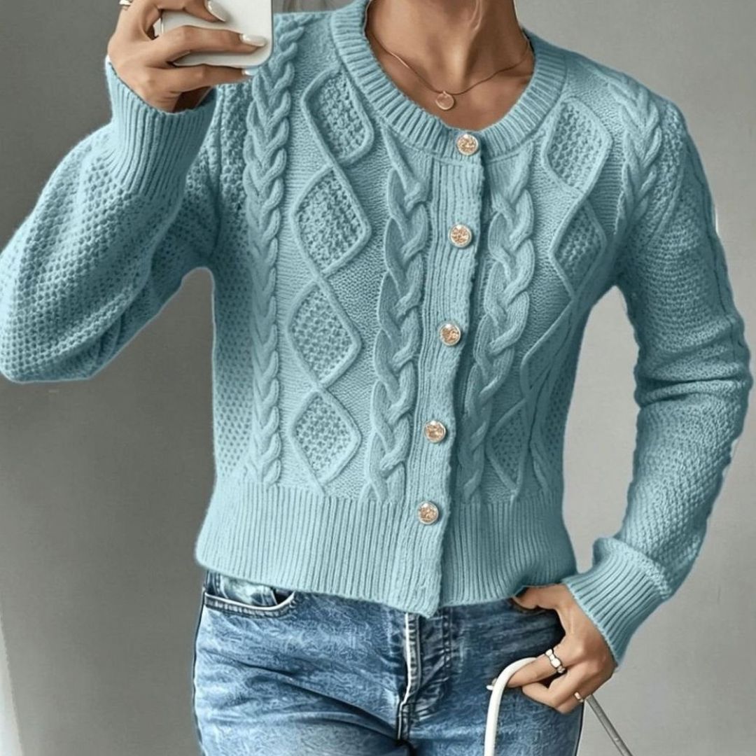 Women's Cropped Cardigan with Cable Knit and Button Closure