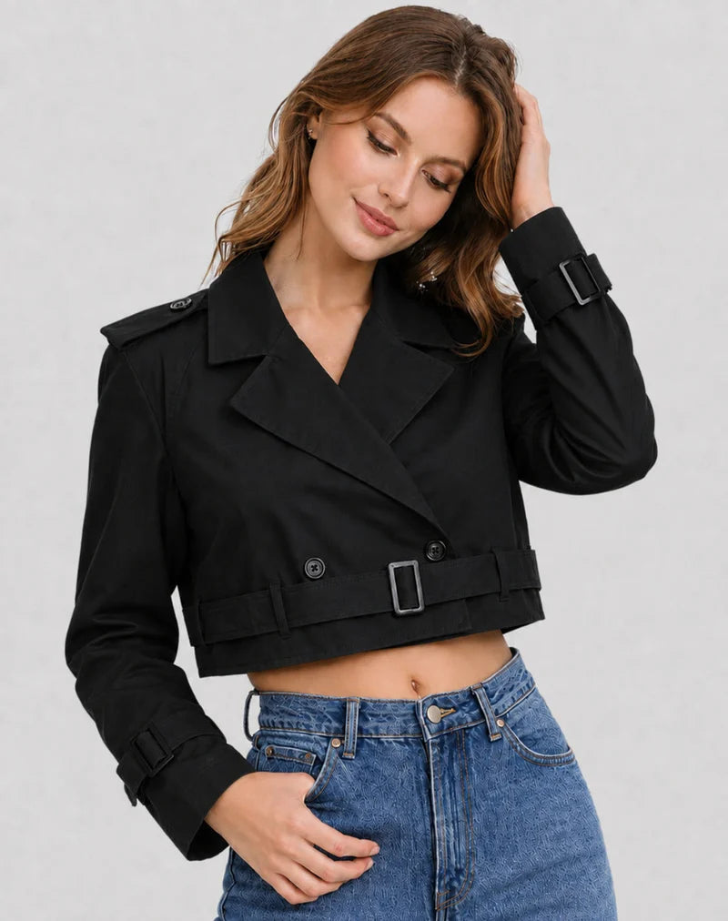 Women's Cropped Trench Jacket with Belt and Lapel Collar