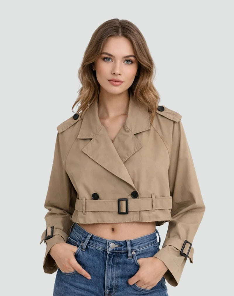 Women's Cropped Trench Jacket with Belt and Lapel Collar