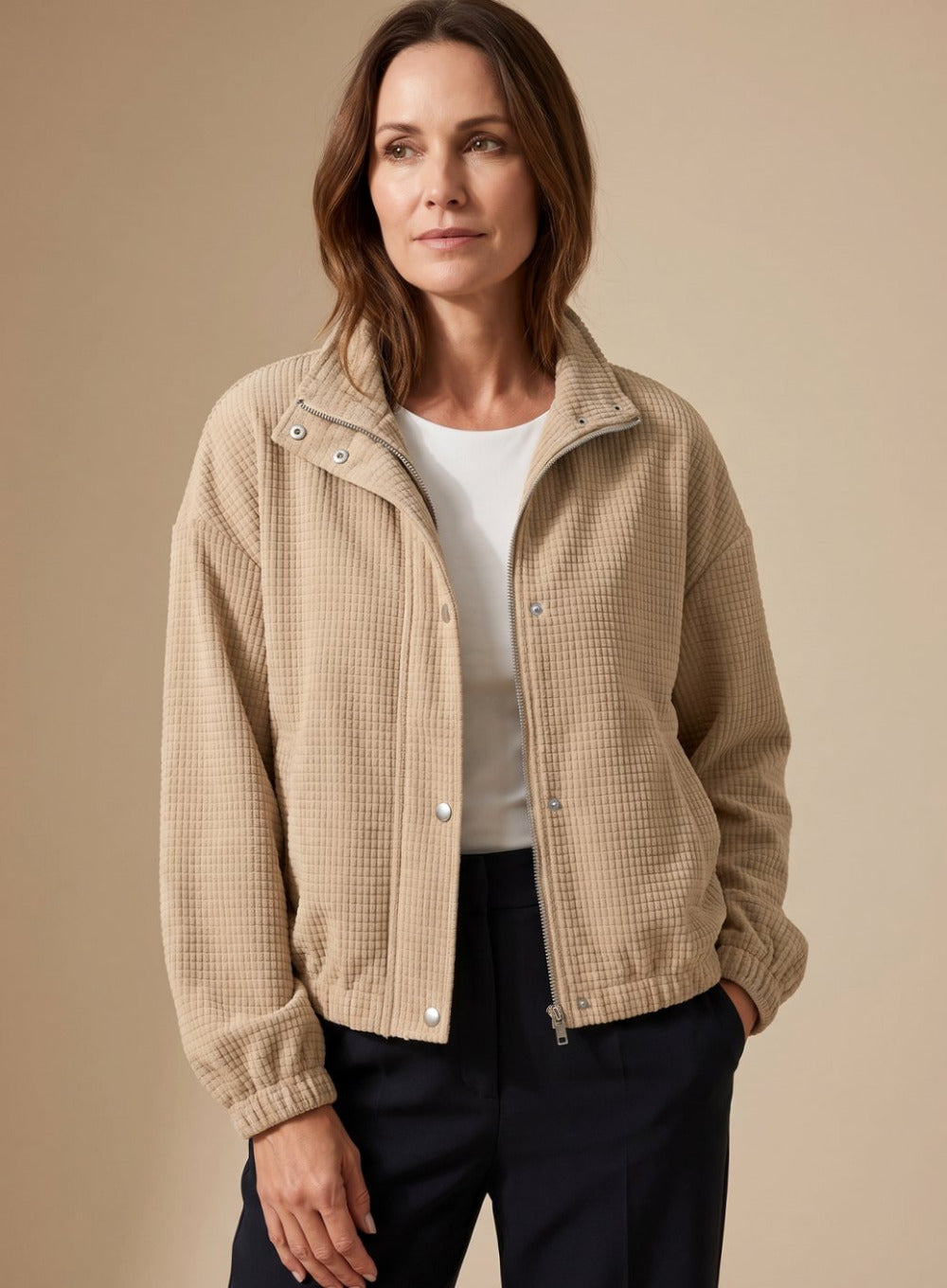 Women's Cropped Waffle Knit Jacket with Stand Collar and Button Closure