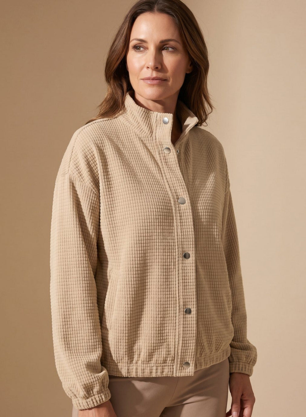 Women's Cropped Waffle Knit Jacket with Stand Collar and Button Closure