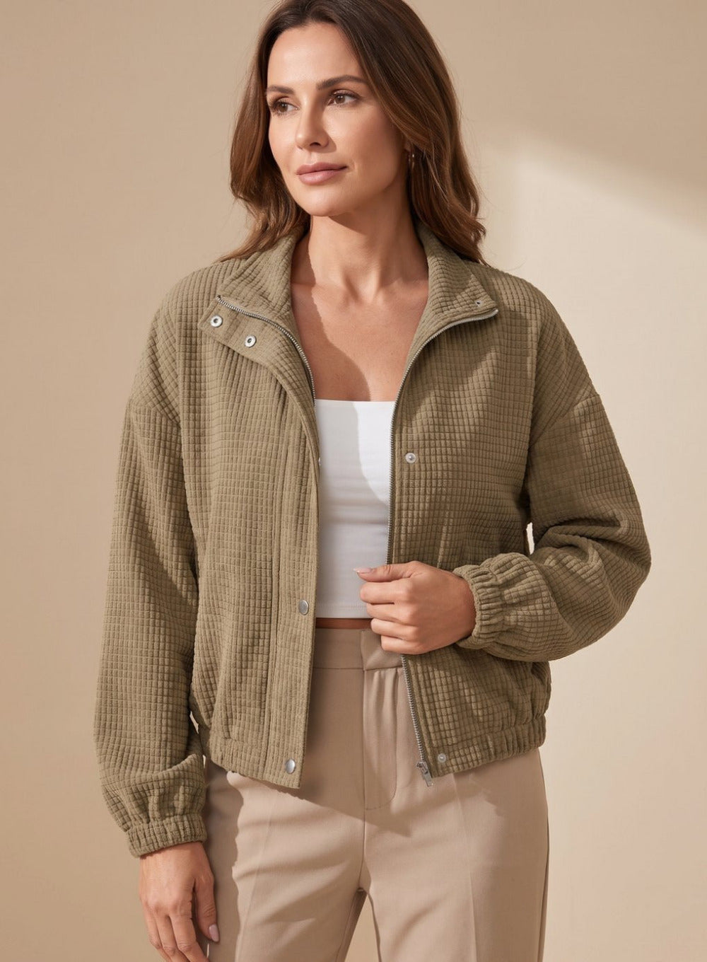 Women's Cropped Waffle Knit Jacket with Stand Collar and Button Closure