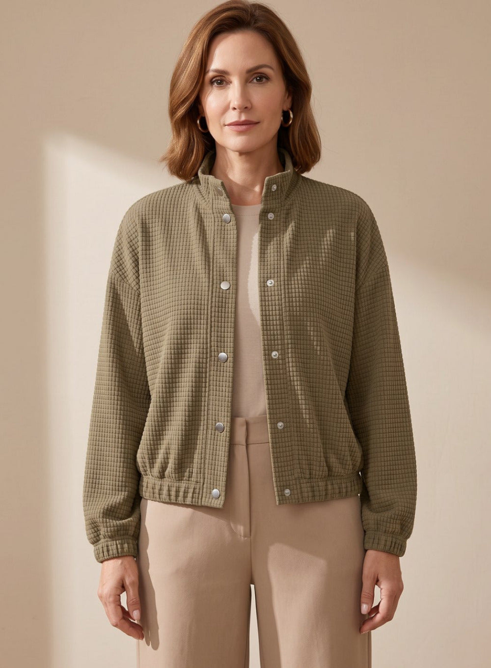 Women's Cropped Waffle Knit Jacket with Stand Collar and Button Closure