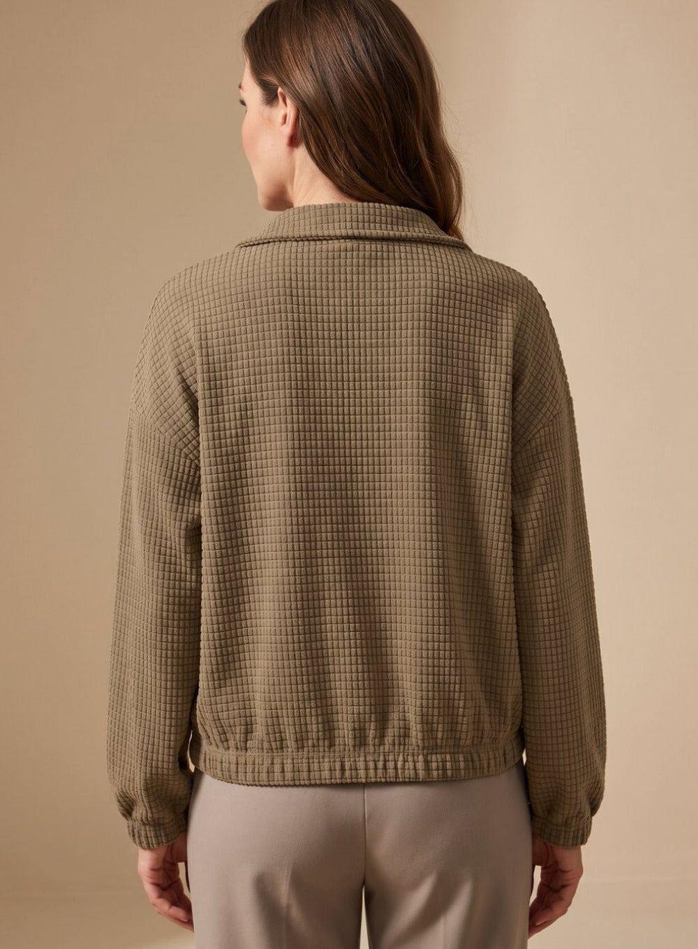 Women's Cropped Waffle Knit Jacket with Stand Collar and Button Closure