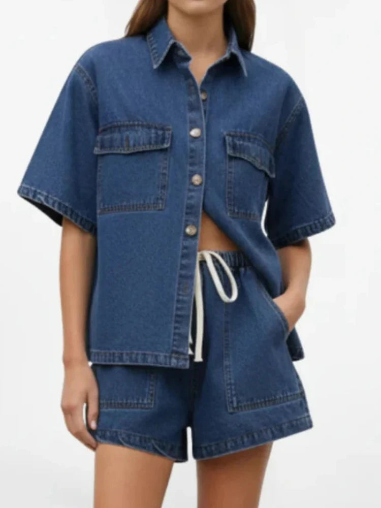 Women's Denim Set with Short Sleeve Shirt and Shorts