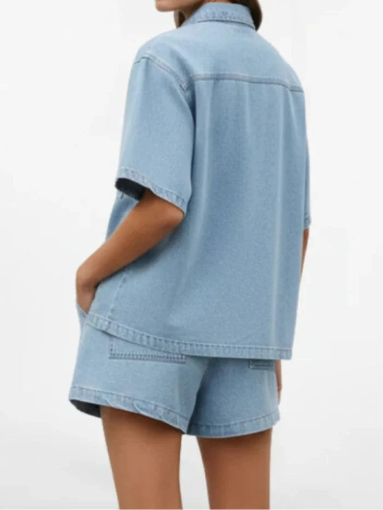 Women's Denim Set with Short Sleeve Shirt and Shorts