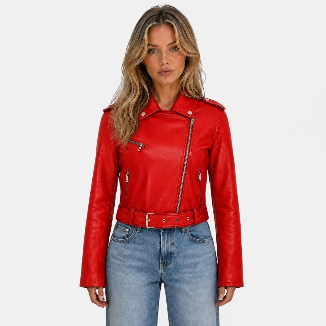 Women's Faux Leather Biker Jacket with Belt and Asymmetric Zip