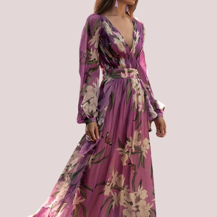 Womenâs Floral Chiffon Maxi Dress with Long Sleeves