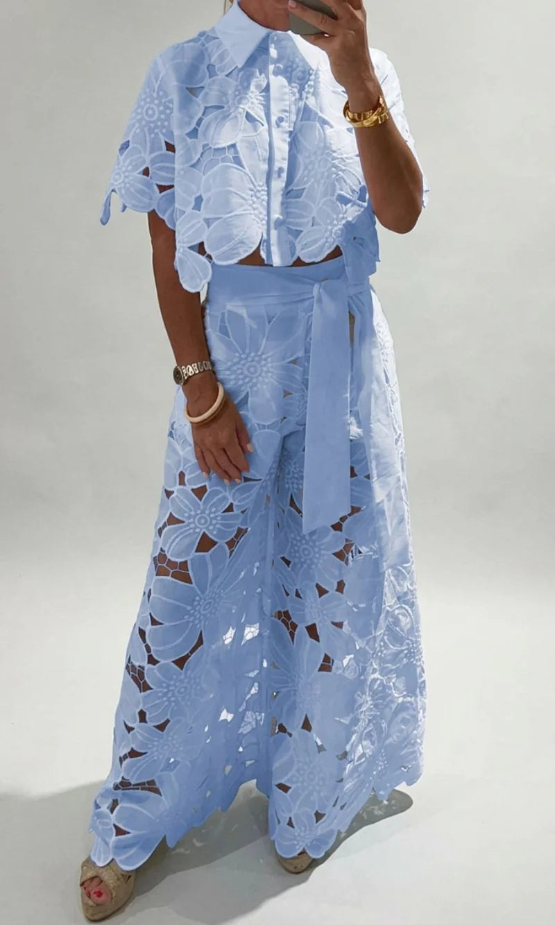 Women's Floral Lace Set with Crop Top and Wide Leg Trousers