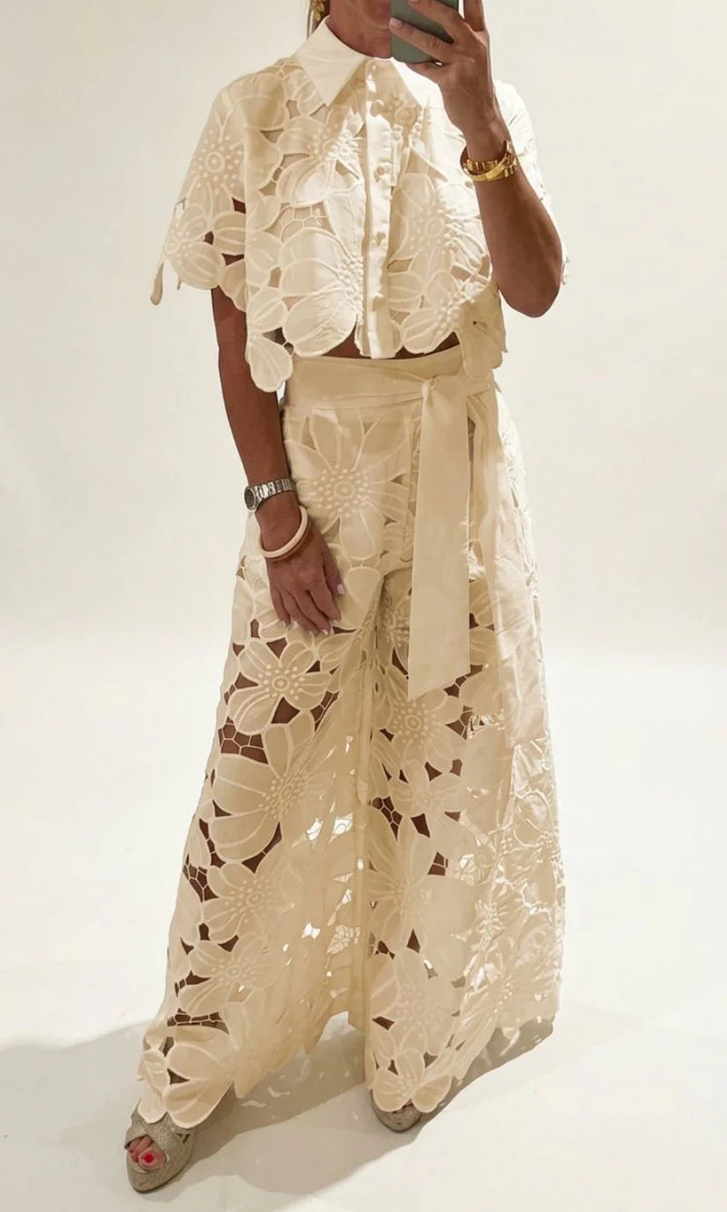 Women's Floral Lace Set with Crop Top and Wide Leg Trousers