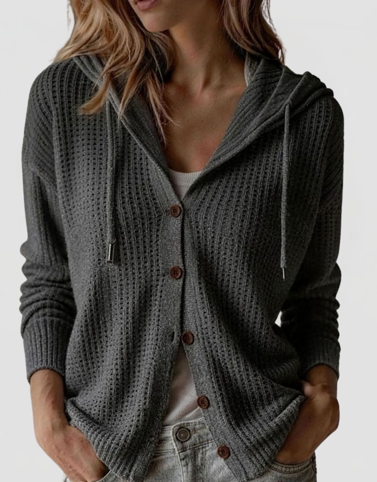 Women's Hooded Knit Cardigan with Button Closure and Drawstring