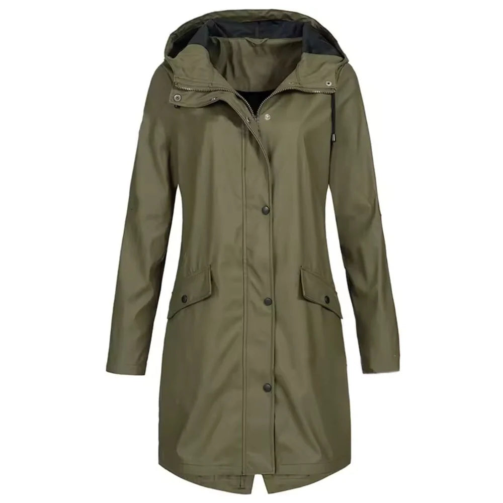 Women's Hooded Long Rain Jacket with Zip Closure