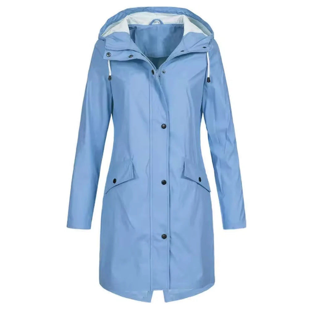 Women's Hooded Long Rain Jacket with Zip Closure