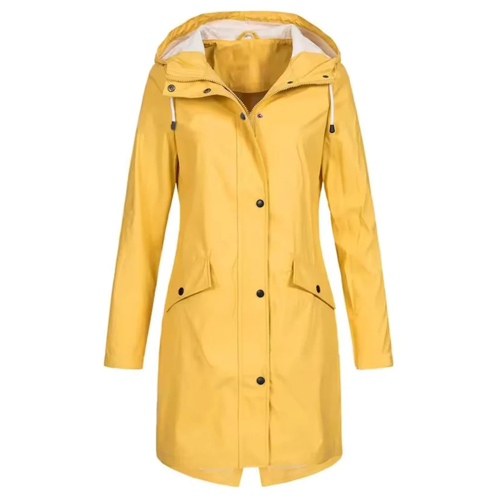 Women's Hooded Long Rain Jacket with Zip Closure