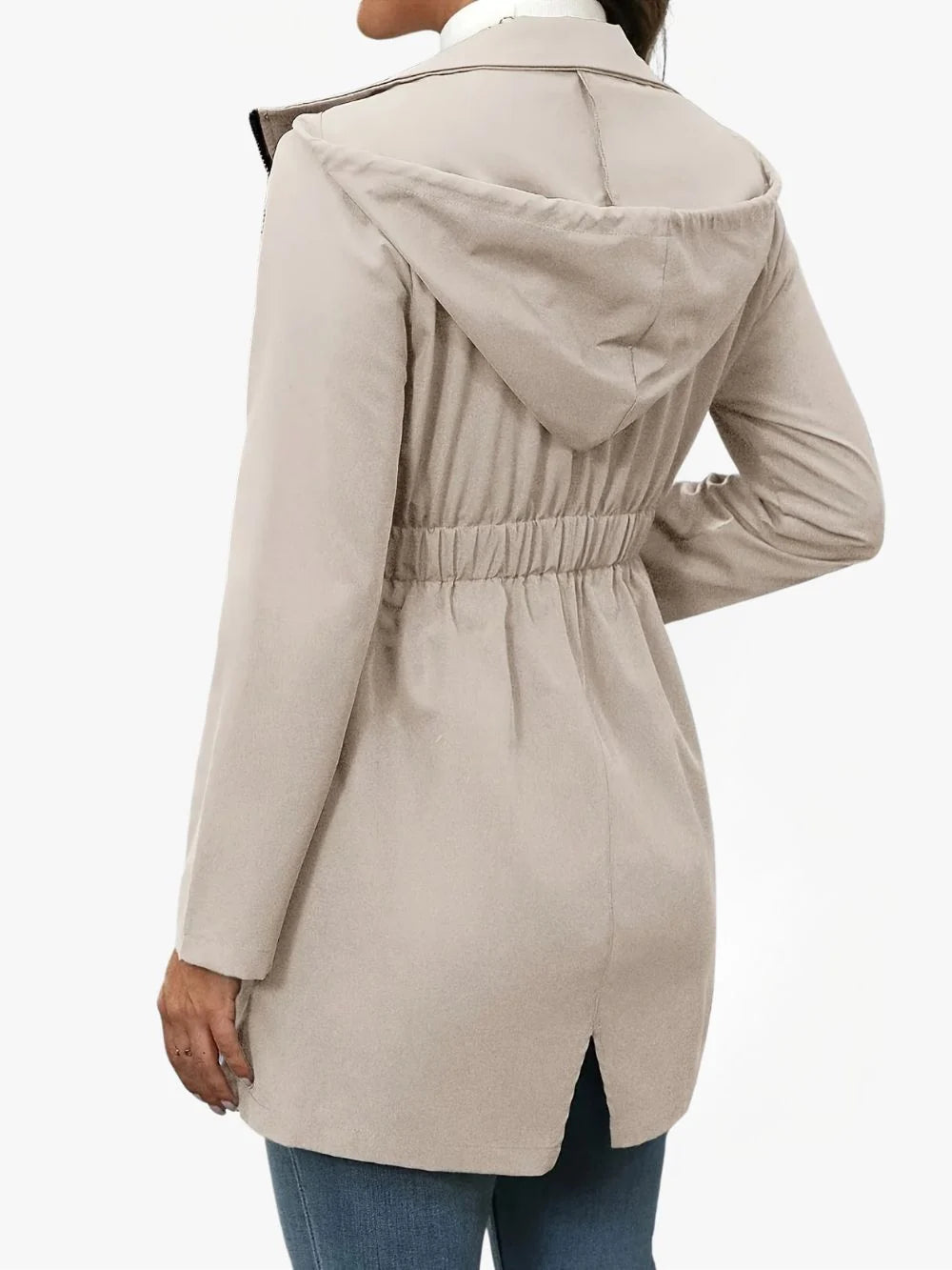 Women's Hooded Rain Jacket with Elasticated Waist and Zip Closure