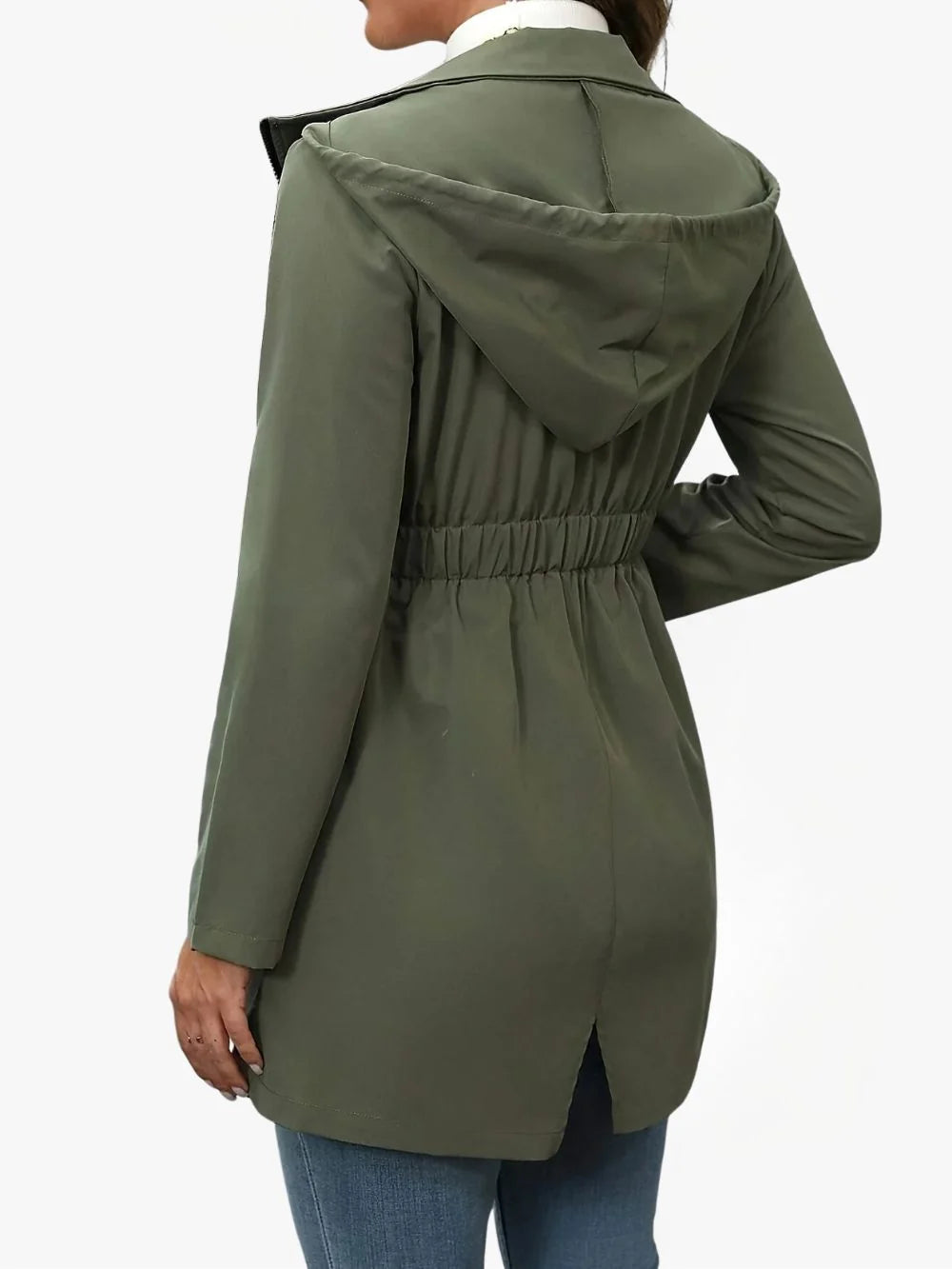 Women's Hooded Rain Jacket with Elasticated Waist and Zip Closure