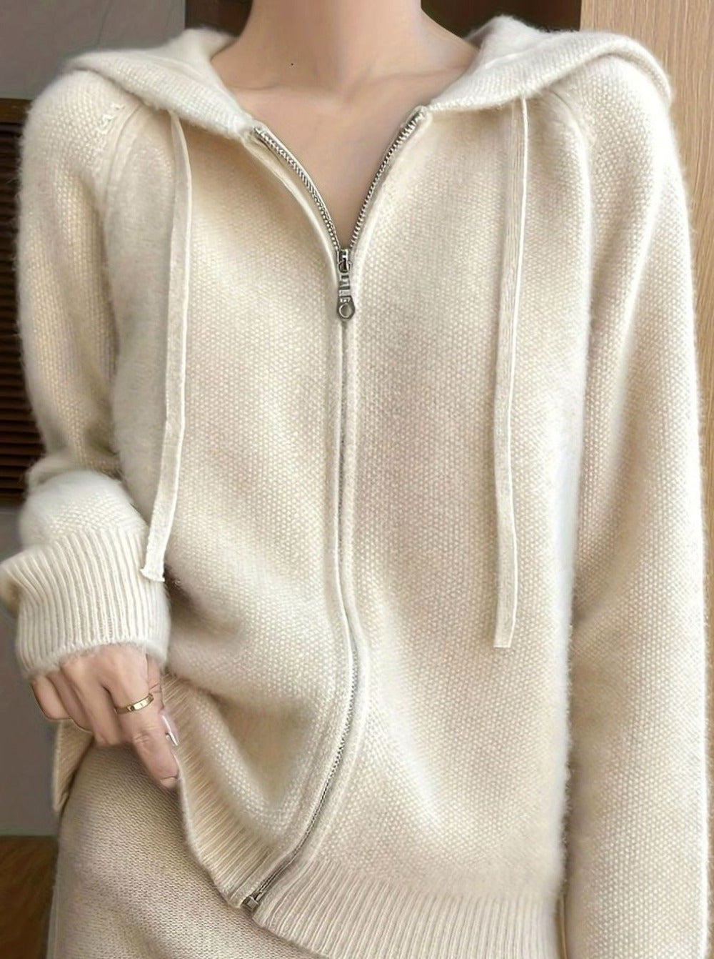 Women's Hooded Zip Knit Cardigan with Drawstring