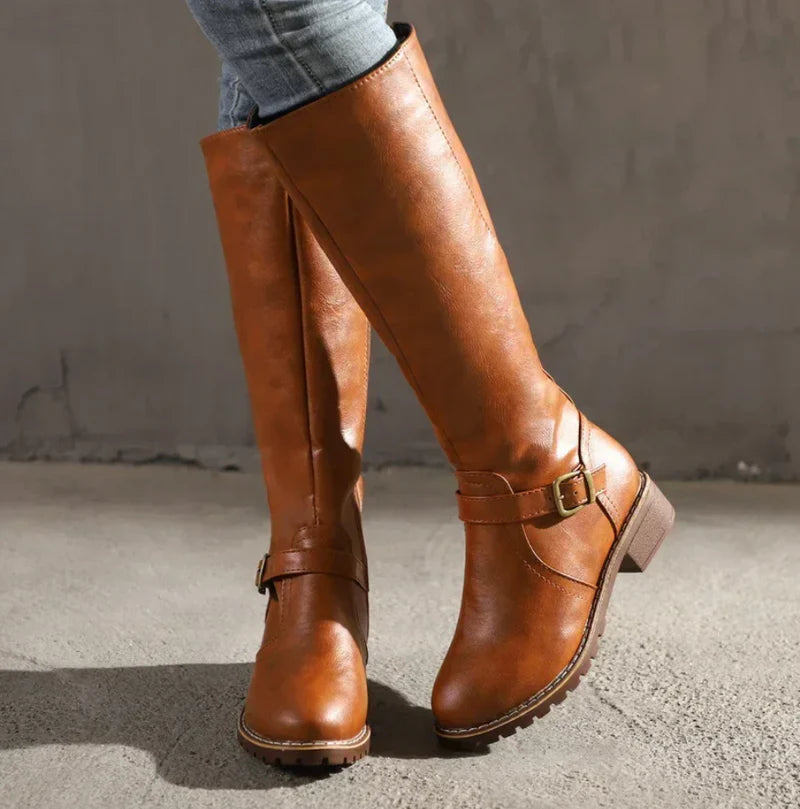 Womenâs Knee-High Boots with Buckle Detail and Low Heel
