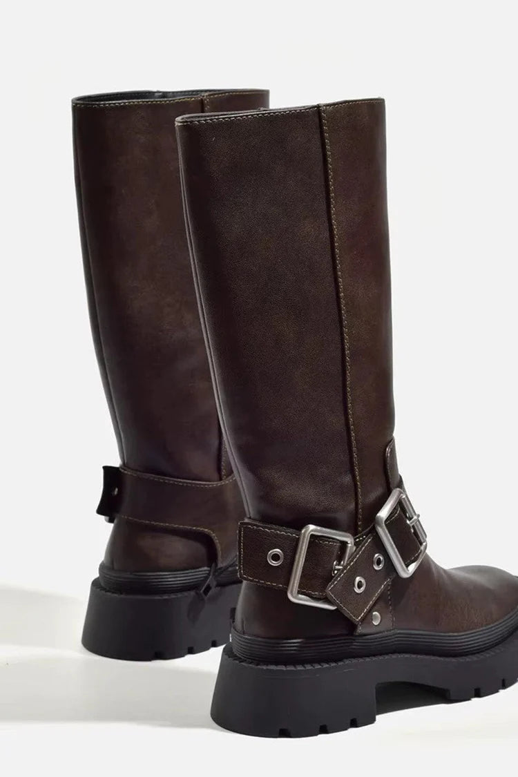 Womenâs Knee-High Faux Leather Boots with Buckle Detail