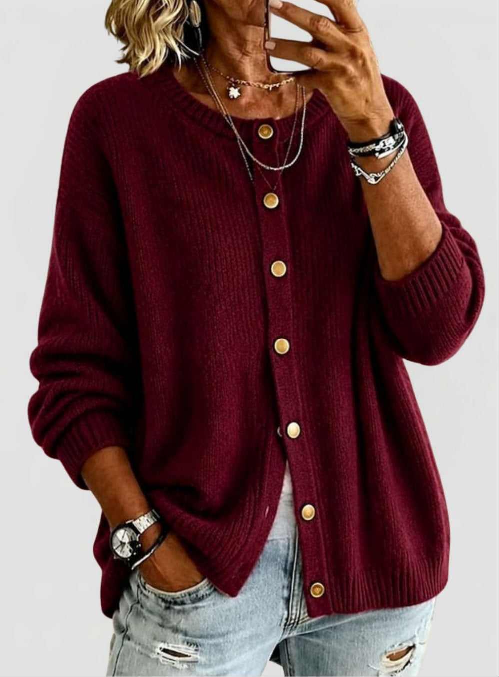 Women's Knit Cardigan with Round Neckline and Relaxed fit