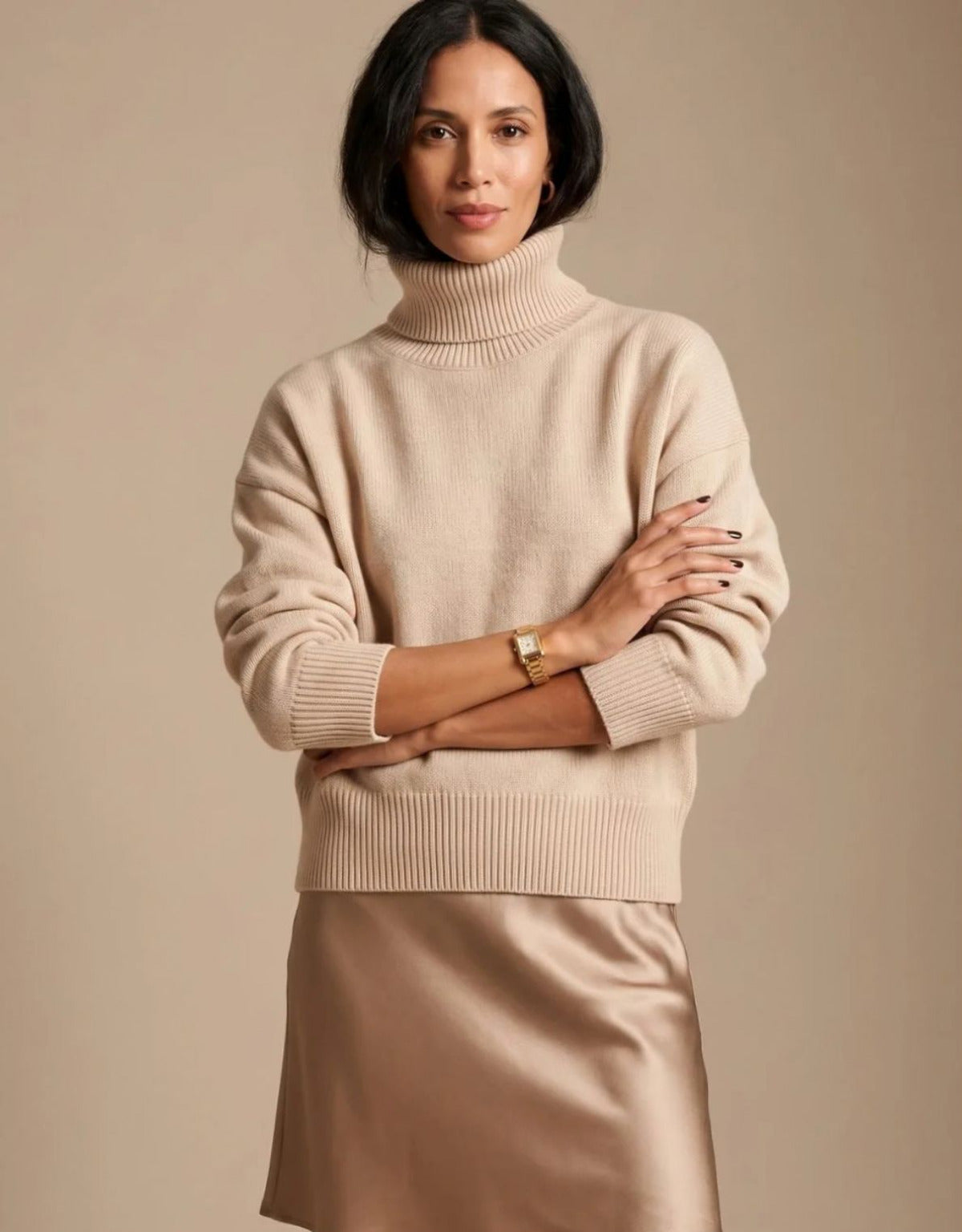 Women's Knit Turtleneck Jumper with Ribbed Detail and Oversized Fit
