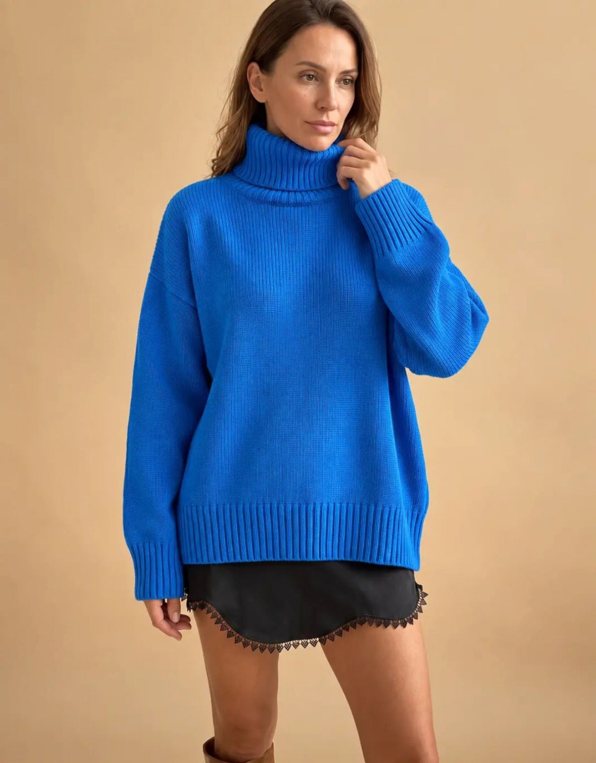 Women's Knit Turtleneck Jumper with Ribbed Detail and Oversized Fit
