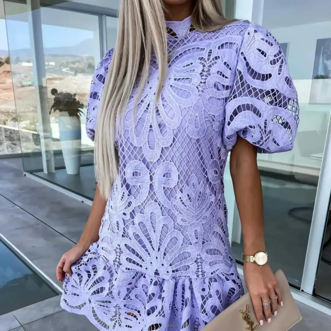 Womenâs Lace Cocktail Dress with Puff Sleeves