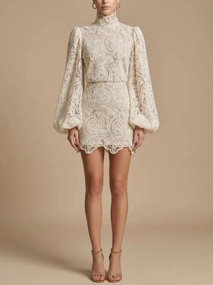 Women's Lace Set with High Neck Top and Mini Skirt