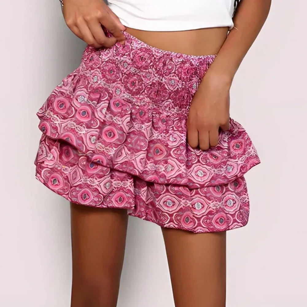 Women's Layered Mini Skirt with Print and Elasticated Waist