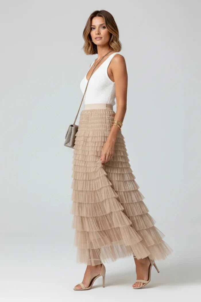 Women's Layered Tulle Maxi Skirt with Elasticated Waist