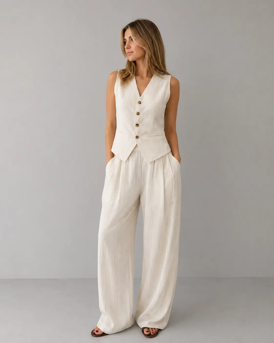 Women's Linen Mix Set with Waistcoat and Wide Leg Trousers